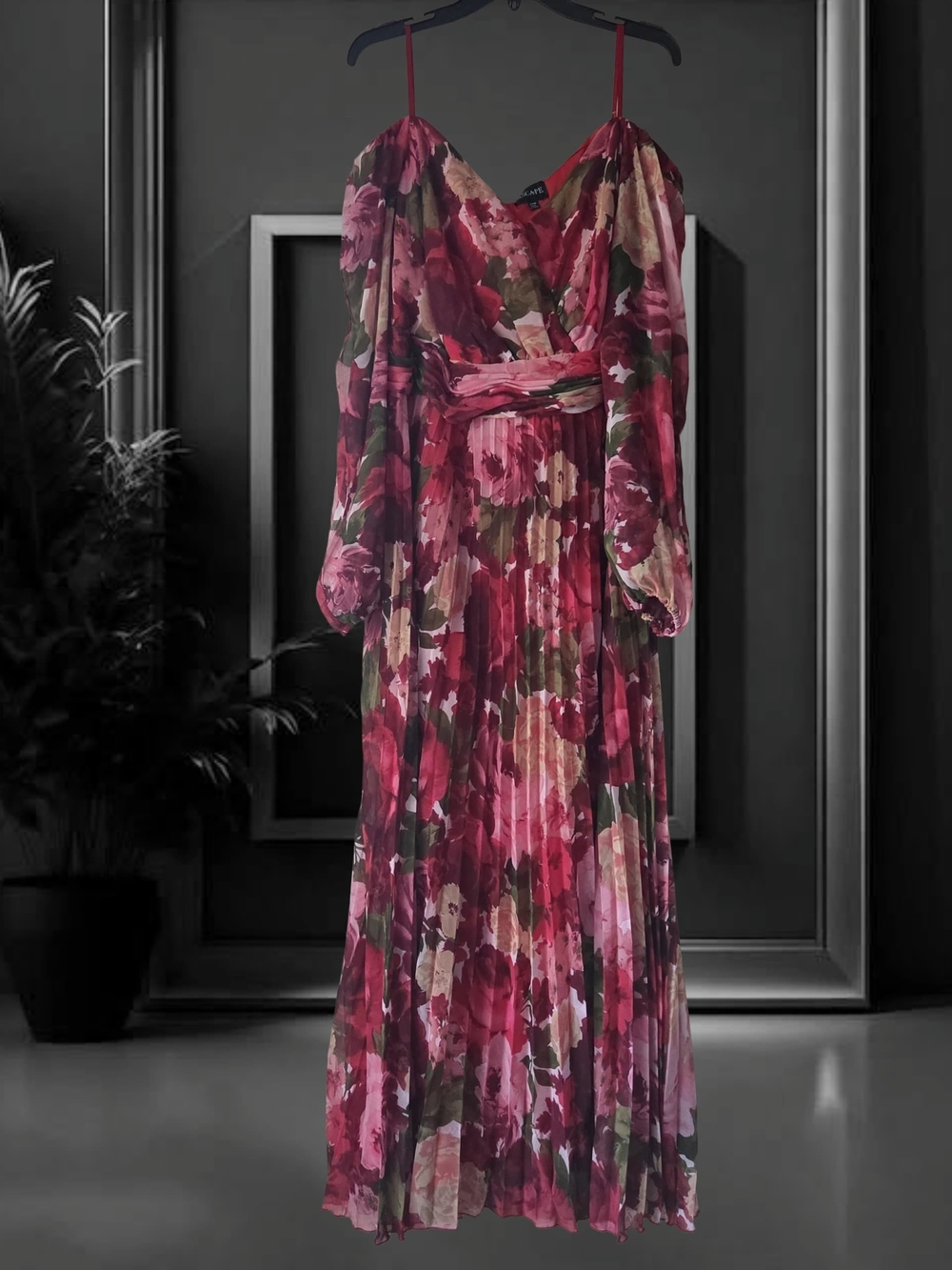 Xscape Plus Size Floral Pleated Maxi Off-The-Shoul Red Olive 20W Dress